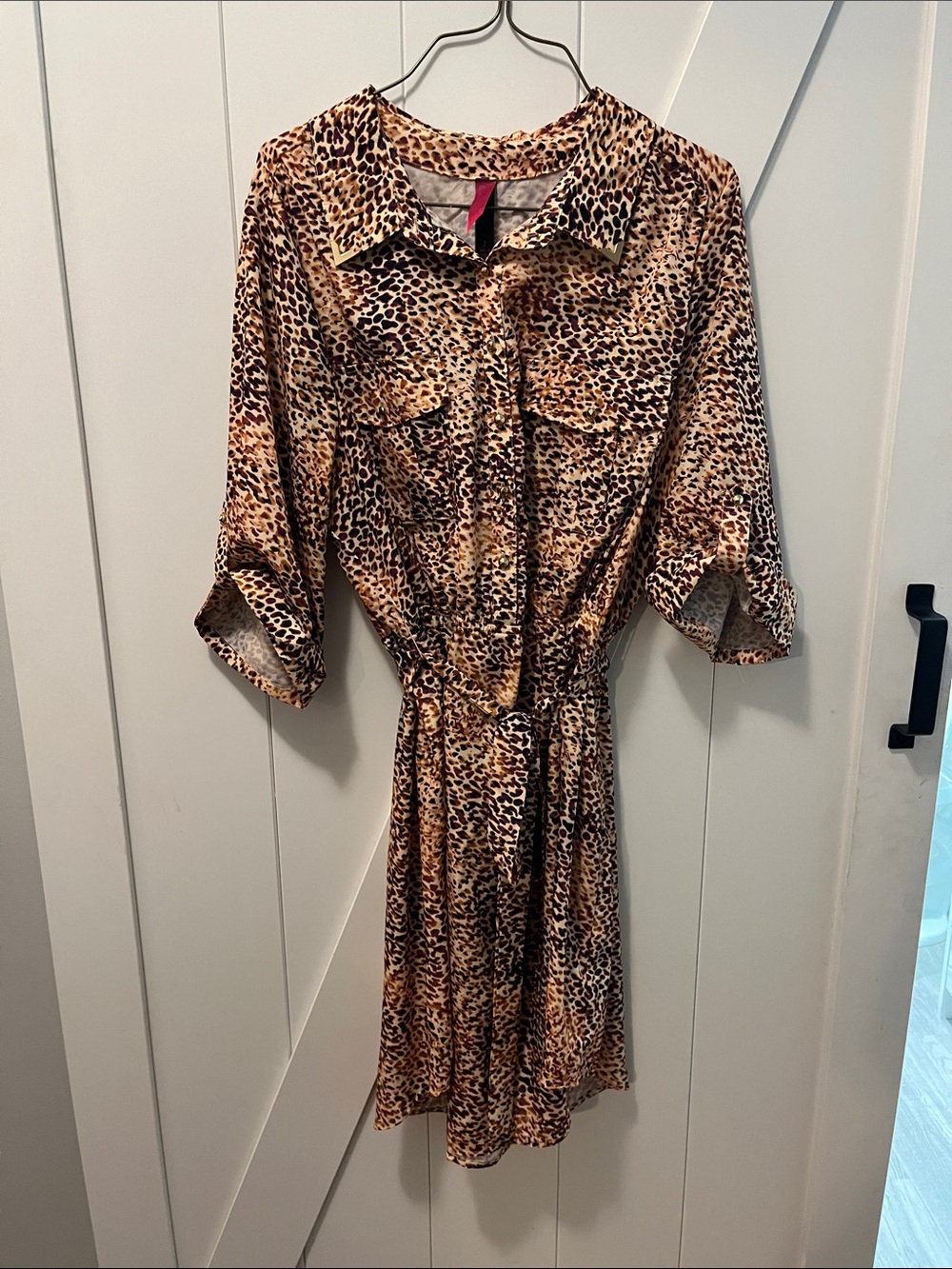 Pure Energy Leopard Print Shirt Dress in Brown, Black & Purple Accents